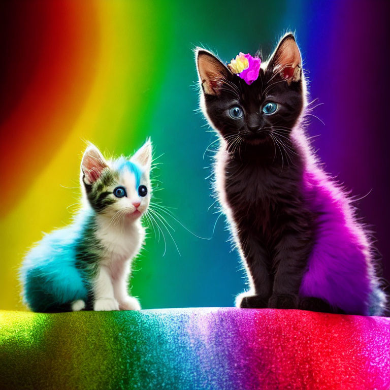 Vibrantly colored kittens on rainbow background with flower.