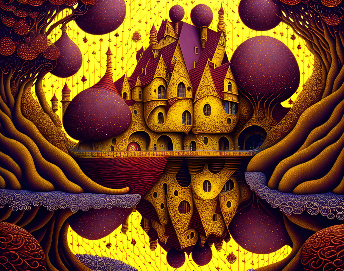 Fantasy castle illustration with surreal, colorful design