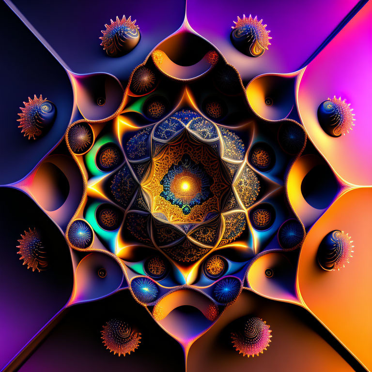 Colorful Fractal Artwork with Kaleidoscopic Pattern and Swirling Petal-like Shapes