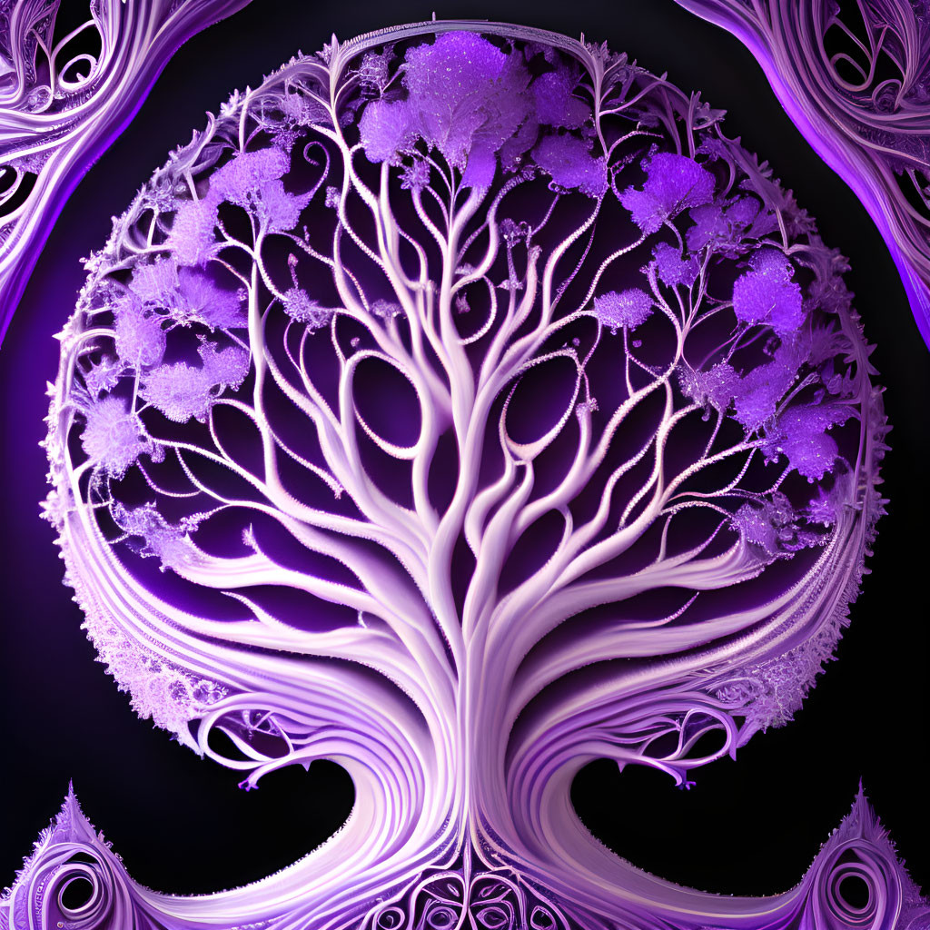 Symmetrical fractal tree with intricate purple branches on dark background