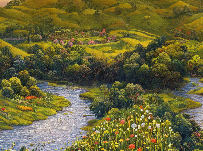 Vibrant wildflowers, meandering river, green hills with trees - picturesque landscape.