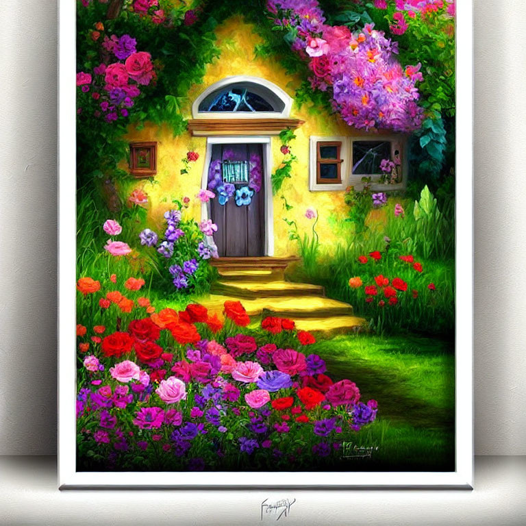 Colorful painting of home entrance with flowers & greenery