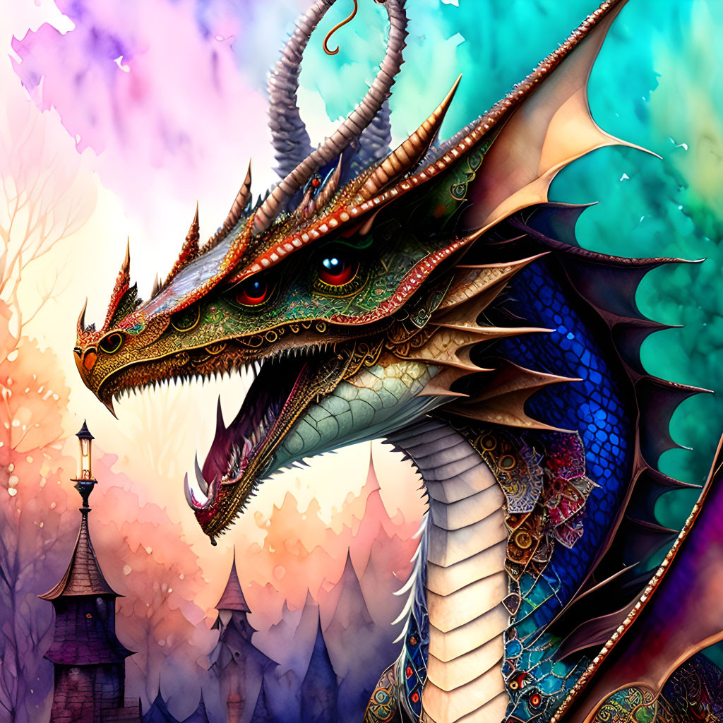 Colorful Dragon Illustration with Castle and Mystical Skies