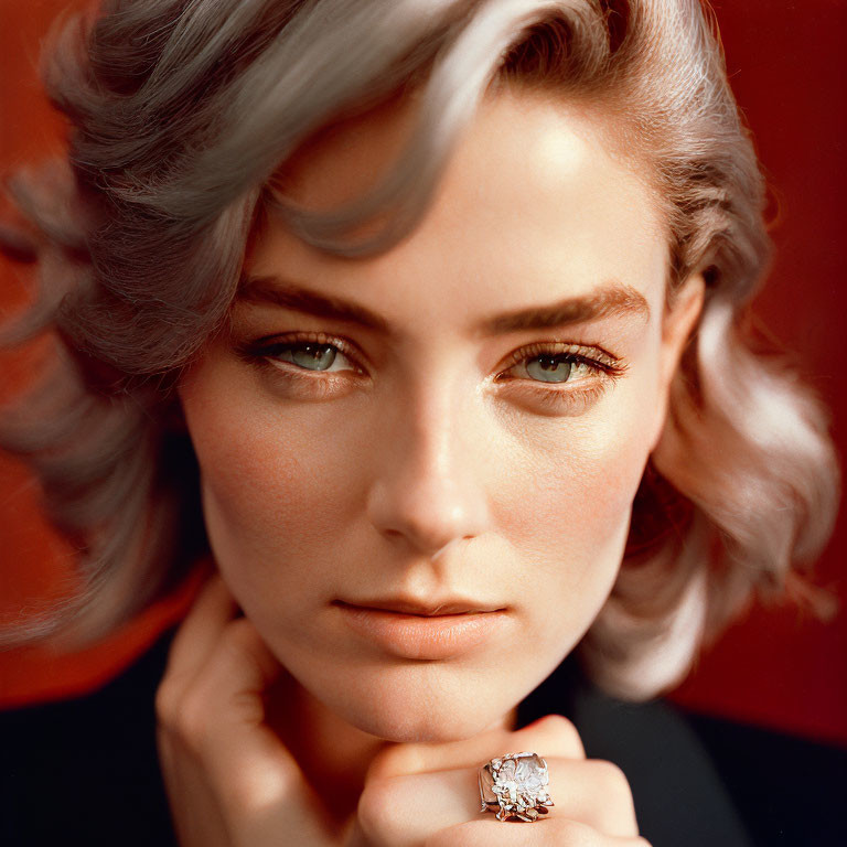 Portrait of woman with short wavy hair and striking eyes on red background