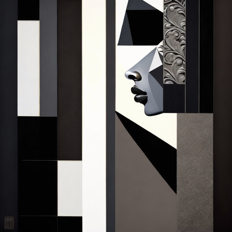 Geometric abstract black and white art with fragmented face motif