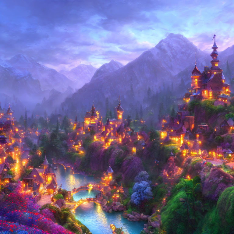 Fantasy village with glowing lights in mountainous landscape