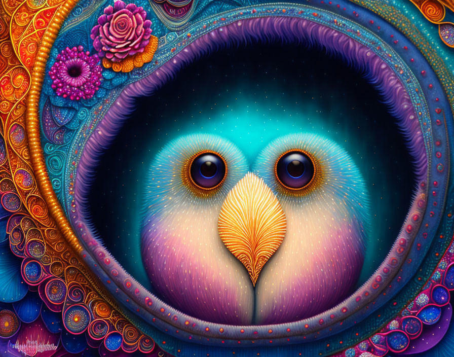 Colorful Digital Artwork: Adorable Owl in Mandala Frame