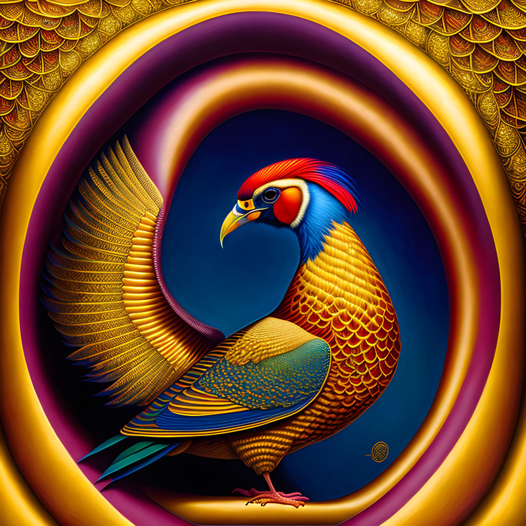 Colorful Peacock Painting with Blue and Gold Plumage