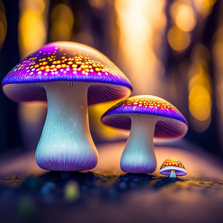 Bioluminescent mushrooms: purple caps, white stems, glowing in forest.