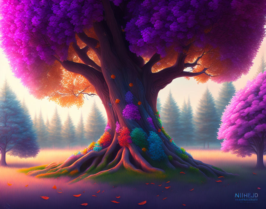 Whimsical forest digital artwork with purple trees and colorful flowers