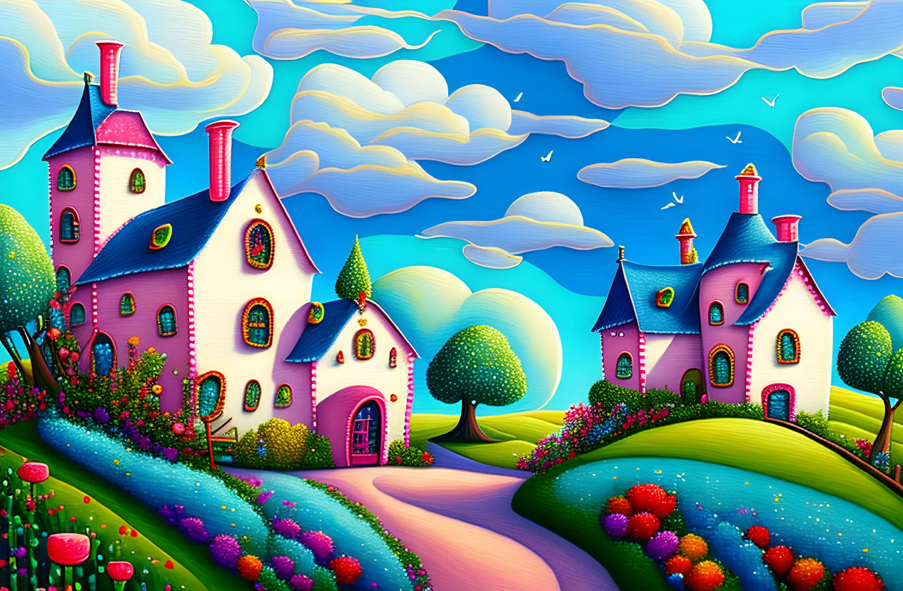 Colorful Illustration of Whimsical Houses in Rolling Hills