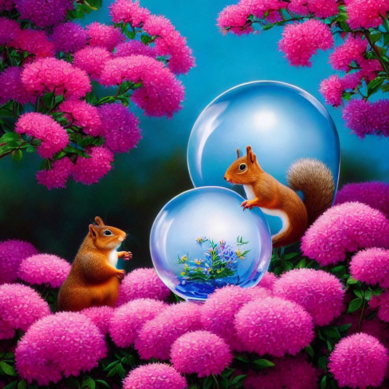 Squirrels in pink flower setting with one in a bubble landscape