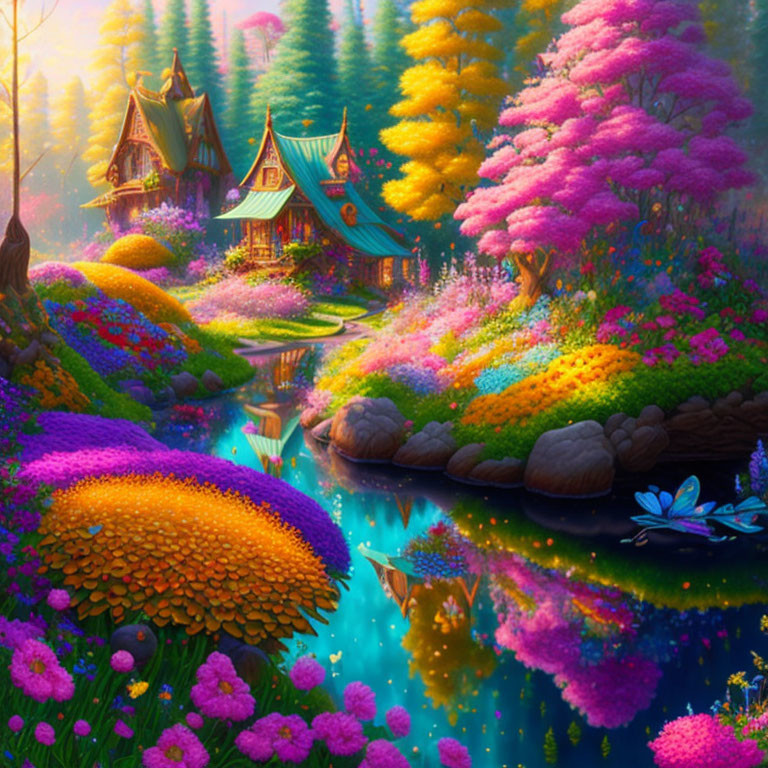 Colorful flowering trees, lush flowerbeds, serene river, whimsical houses in vibrant fantasy landscape