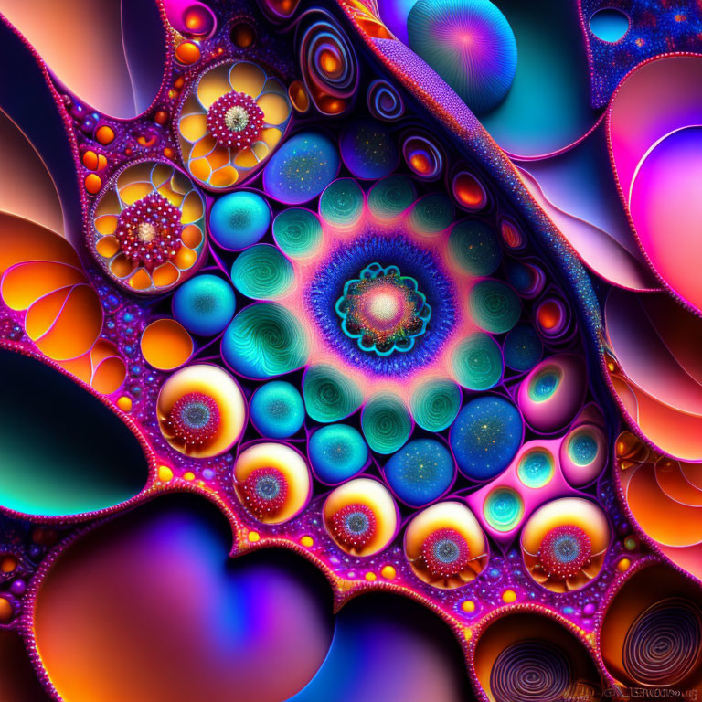 Colorful fractal image with circles and spirals in blue, purple, and orange