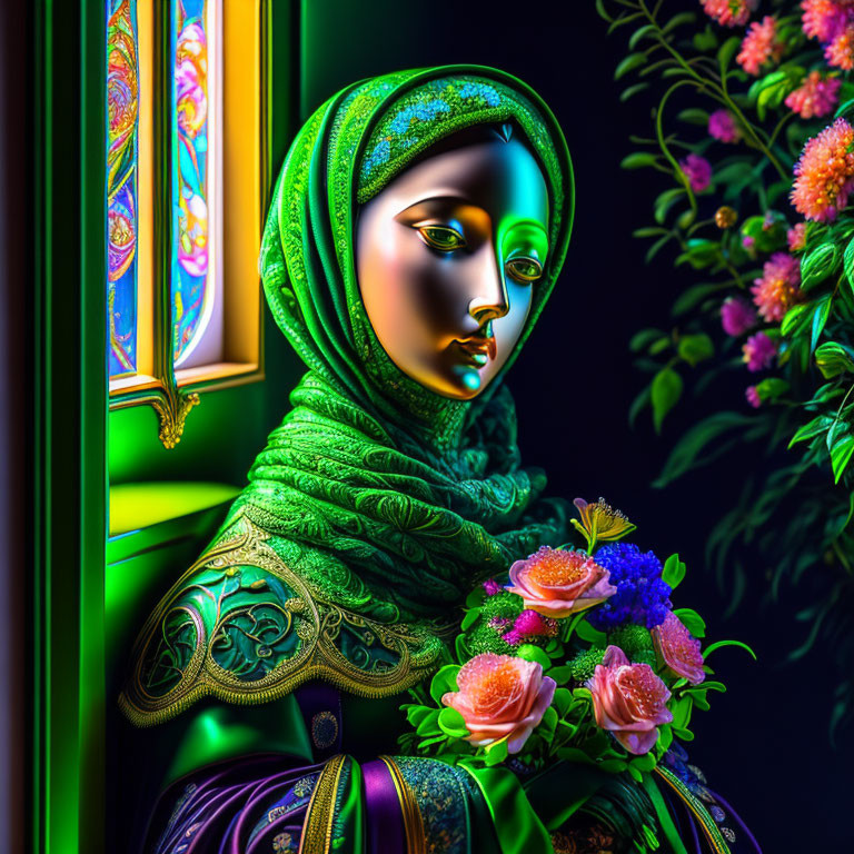 Woman in green hijab holding flowers by window