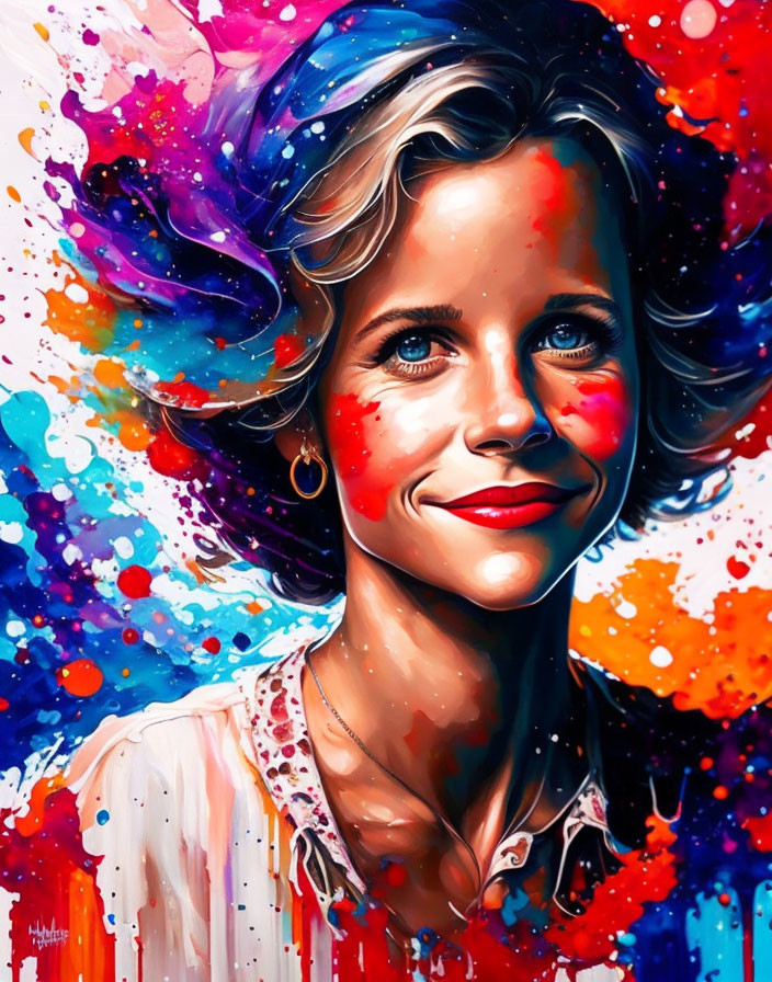 Colorful portrait of a smiling woman with blue eyes in vibrant paint splashes