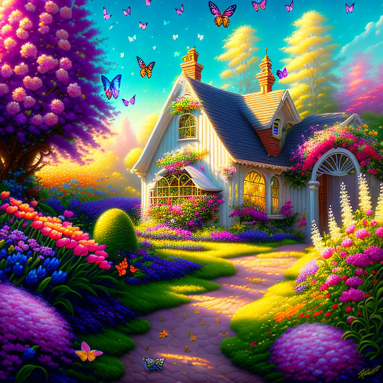 Charming cottage in vibrant garden with blooming flowers