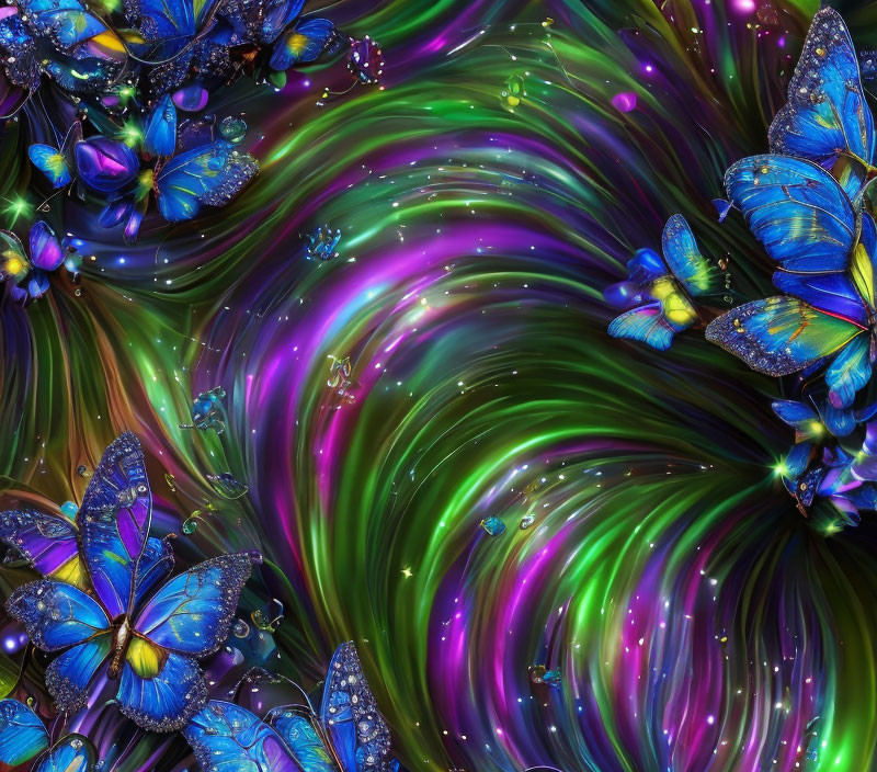 Colorful digital art: Green and purple swirls, blue butterflies