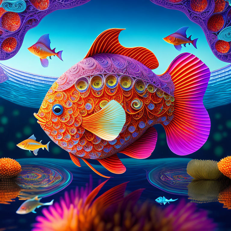 Colorful Goldfish Illustration in Ornate Underwater Scene