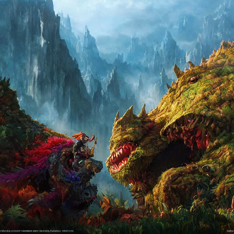 Fantasy landscape with warrior, giant dragon, vibrant flora, misty mountains