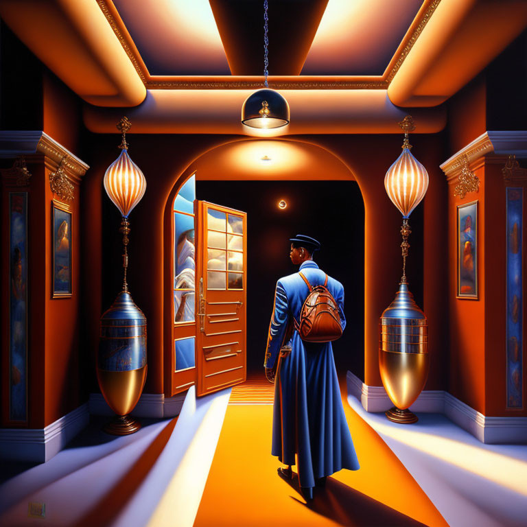 Person in blue coat and hat with basketball walking towards open door in ornate corridor with lanterns