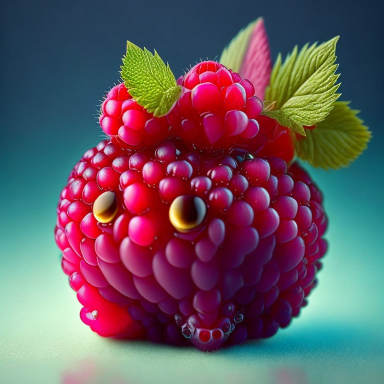 Ripe Raspberry with Dewdrops and Green Leaves Resembling Cute Creature