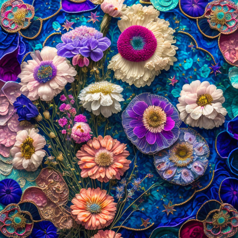 Colorful Flowers on Textured Blue Background with Embroidery