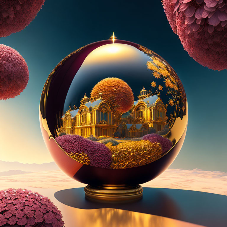 Ornate golden palace and autumn trees reflected in glossy sphere