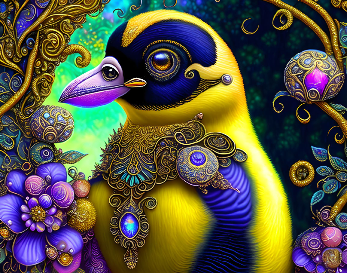Colorful Peacock Illustration with Golden Ornaments & Whimsical Background