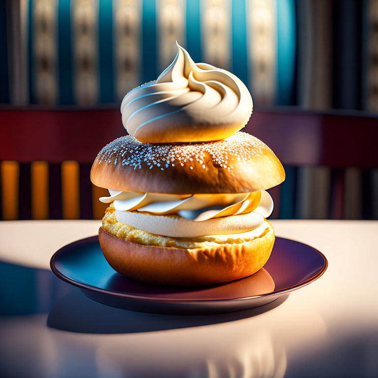 Detailed photorealistic illustration of whimsical giant bagel sandwich with cream cheese and whipped cream on dark