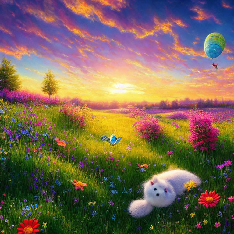 Colorful sunset landscape with hot air balloon, flowers, and fluffy white creature