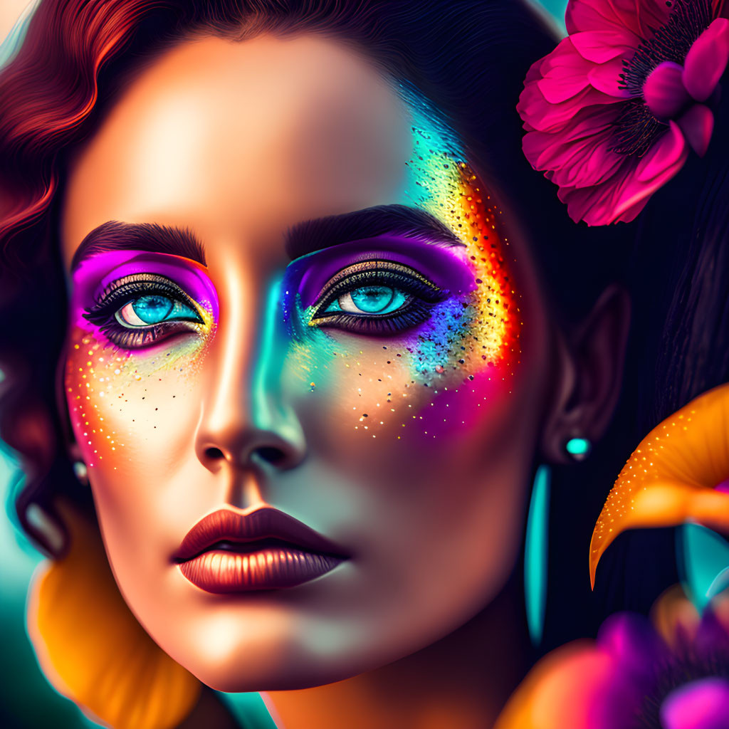 Colorful digital portrait of a woman with blue eyes and vibrant makeup.