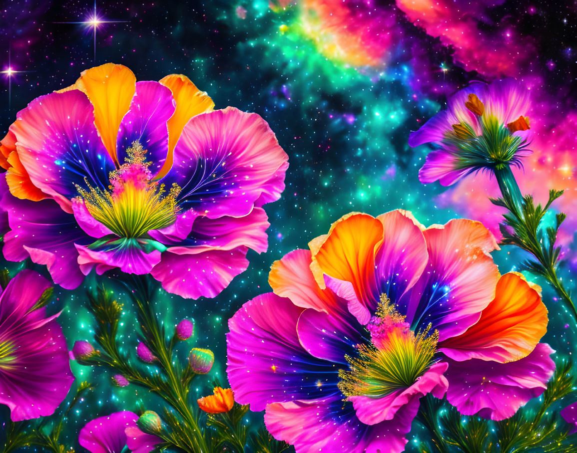 Colorful Flowers in Neon Pink and Purple on Starry Galaxy Background