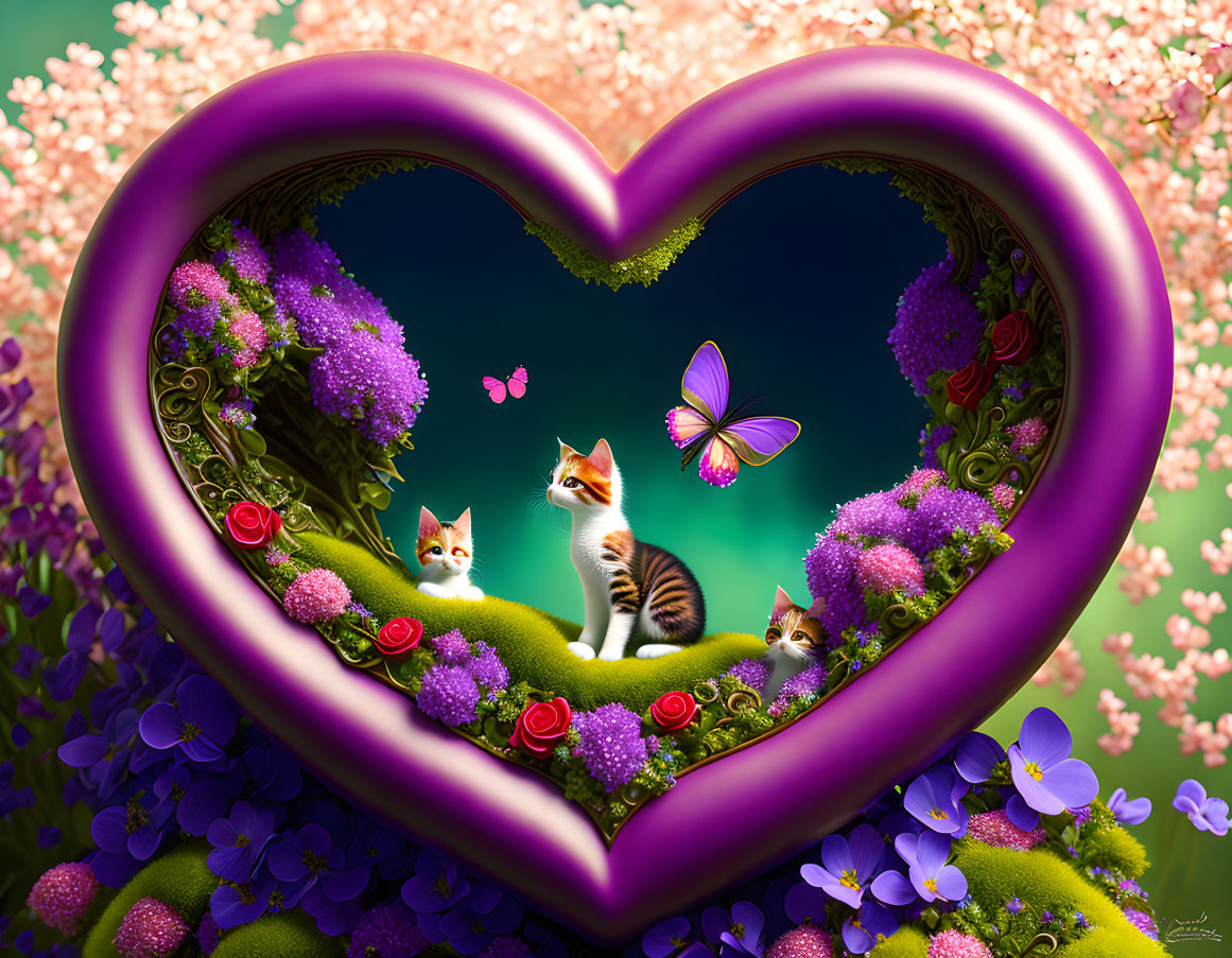 Colorful Illustration: Two Kittens in Heart Frame with Flowers & Butterfly