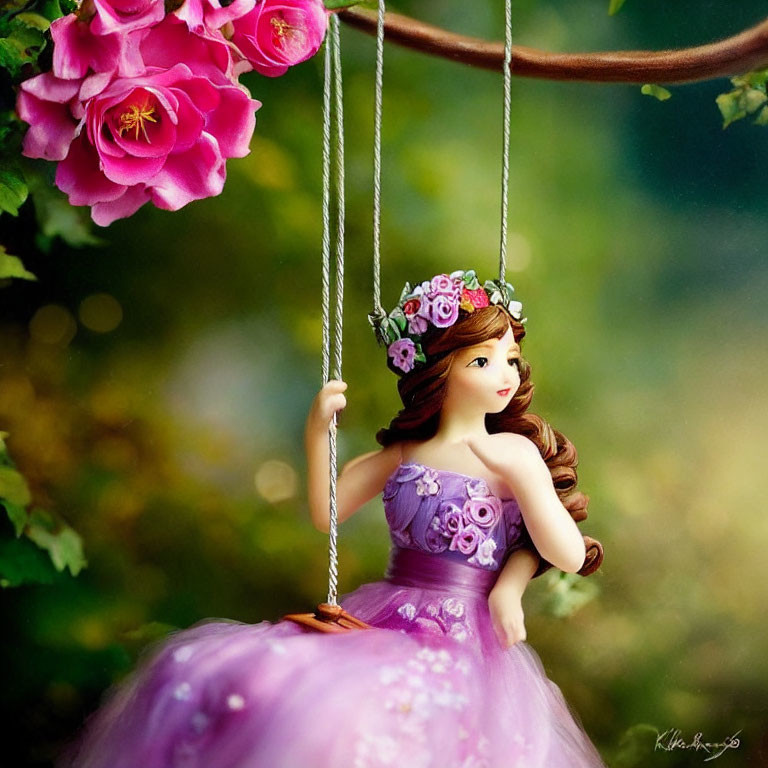 Princess doll on swing with floral tiara in garden setting