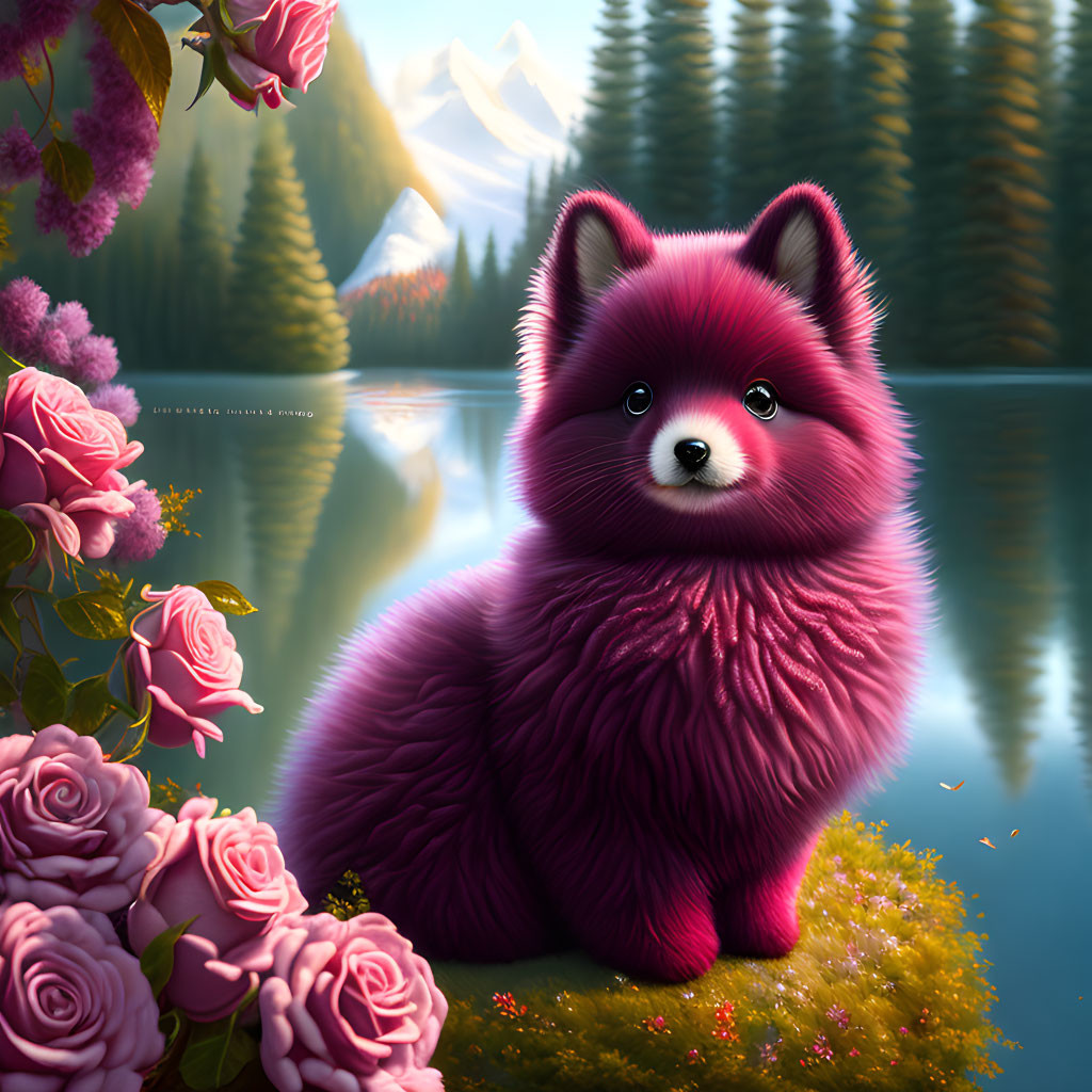 Purple fluffy dog-like creature with serene lake, evergreen trees, and snow-capped mountains.