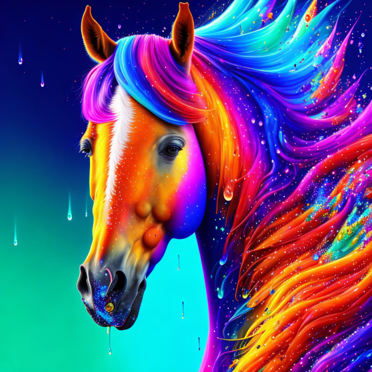 Colorful Horse Art with Neon Rainbow Mane on Teal Background