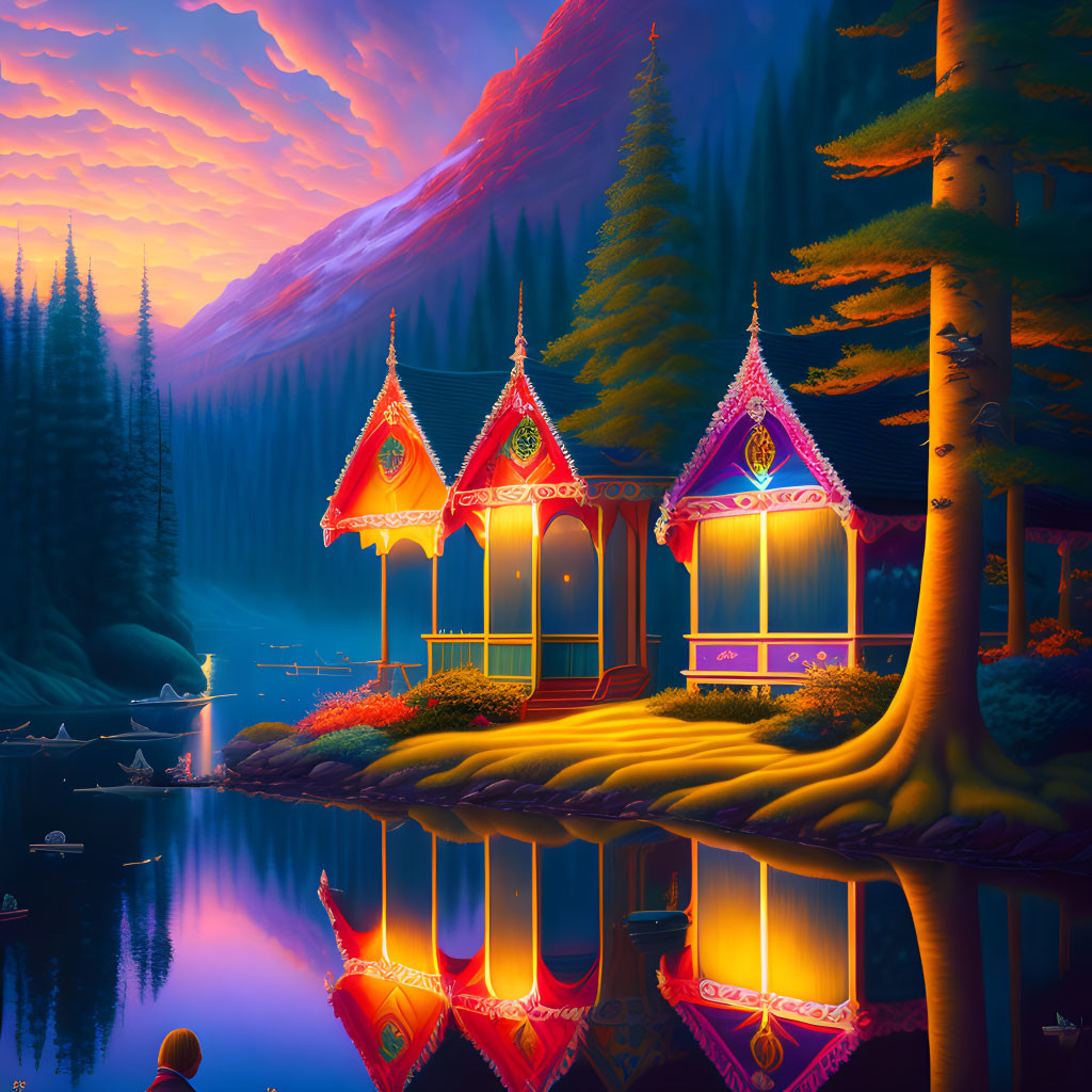 Traditional buildings and serene lake at dusk with reflections in tranquil forest.