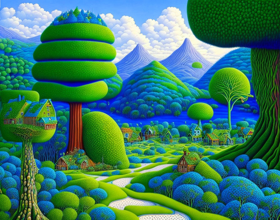 Exaggerated green vegetation in surreal landscape with whimsical trees