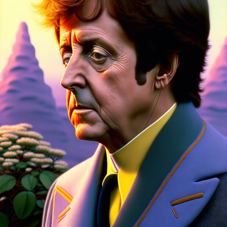 Man with Brown Hair in Blue Jacket on Surreal Purple Landscape