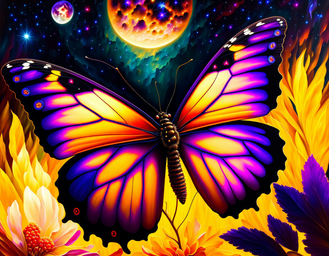 Colorful Butterfly Artwork with Moon and Stars in Night Sky