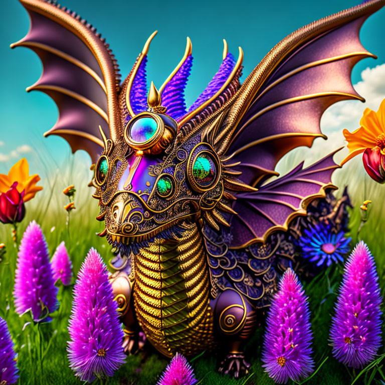 Colorful Metallic Dragon Illustration with Large Wings and Intricate Patterns