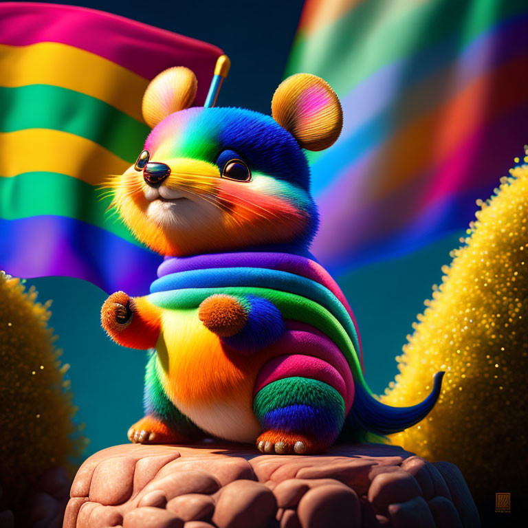 Vibrant animated hamster with rainbow scarf on rock, rainbow flag in background