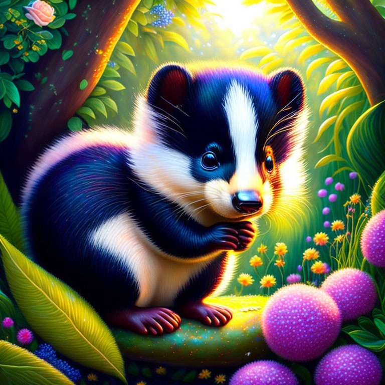 Colorful Stylized Skunk Illustration in Enchanting Forest