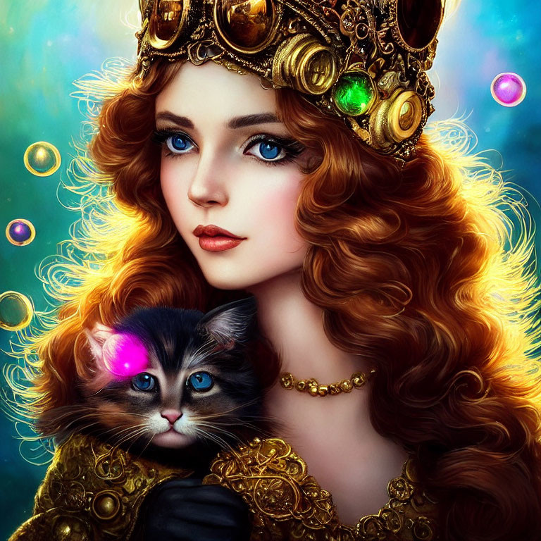 Curly auburn-haired woman with golden crown holds kitten in bubble-filled scene.