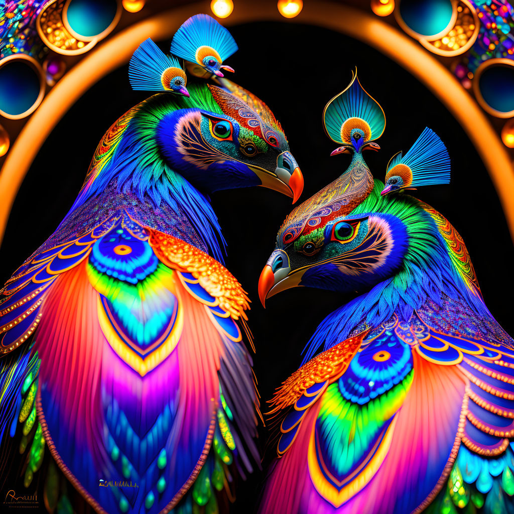 Colorful stylized peacocks with elaborate tails on dark background