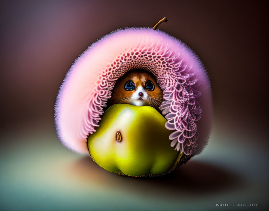 Whimsical digital artwork of cute kitten in green apple shell