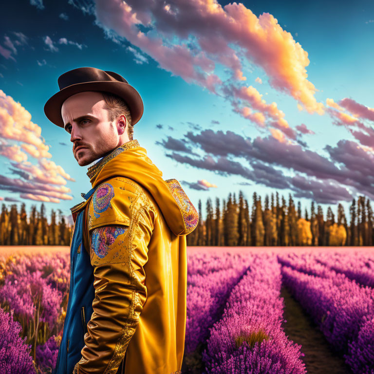 Man in Yellow Jacket and Hat in Purple Lavender Field at Sunset