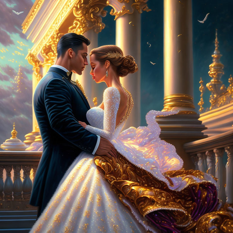 Formal attired couple in intimate moment at golden-lit palace