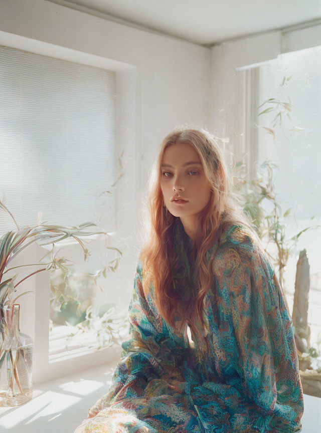 Woman in Patterned Shawl Sitting by Sunny Window with Plants